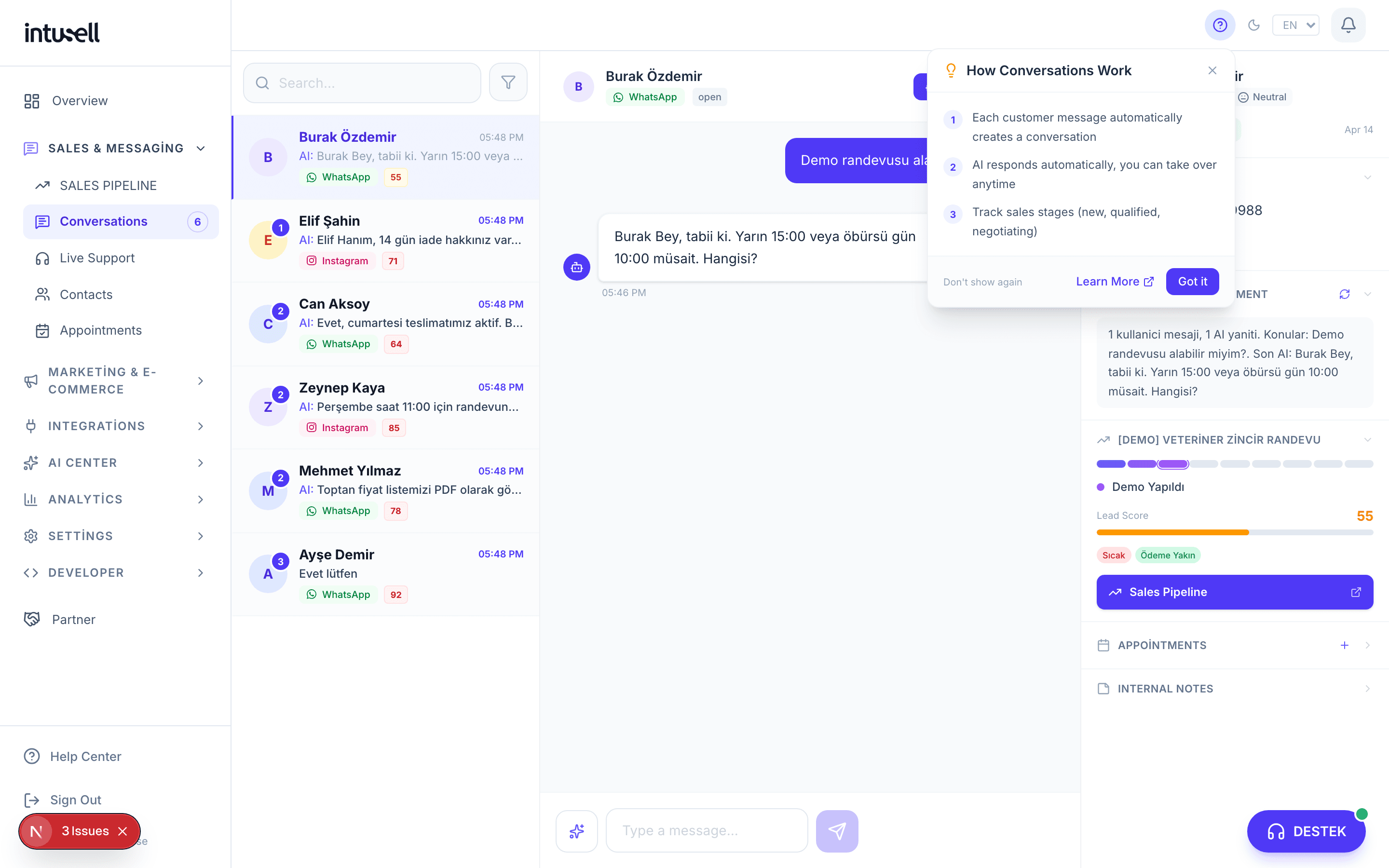 intusell dashboard — çok kanallı gelen kutusu, pipeline ve AI asistan