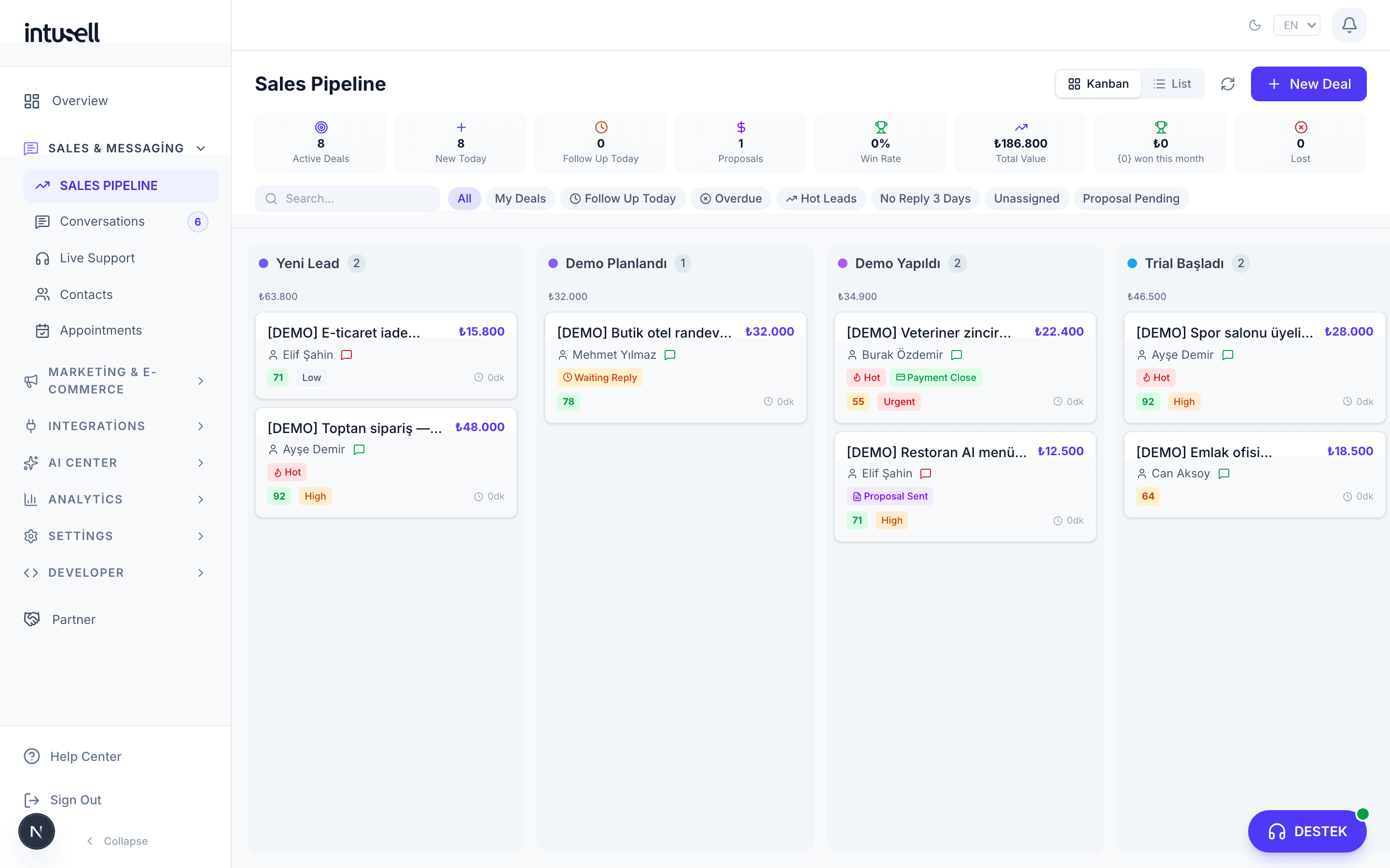 intusell — satış pipeline kanban görünümü