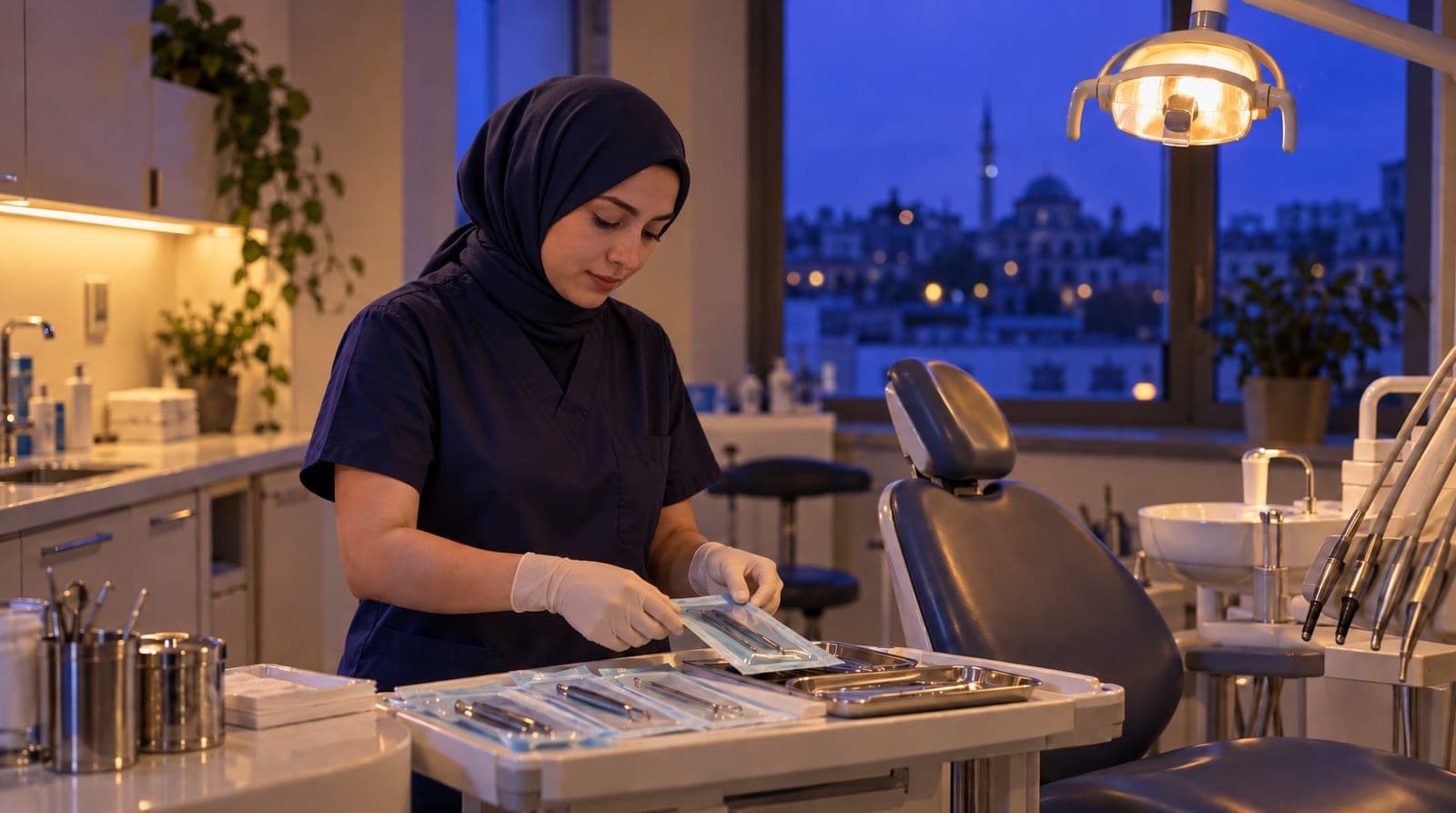 Diş asistanı açılıştan önce ilk tedavi odasını hazırlıyor; pencerede şafak öncesi lacivert gökyüzü ve uzakta bir minare.