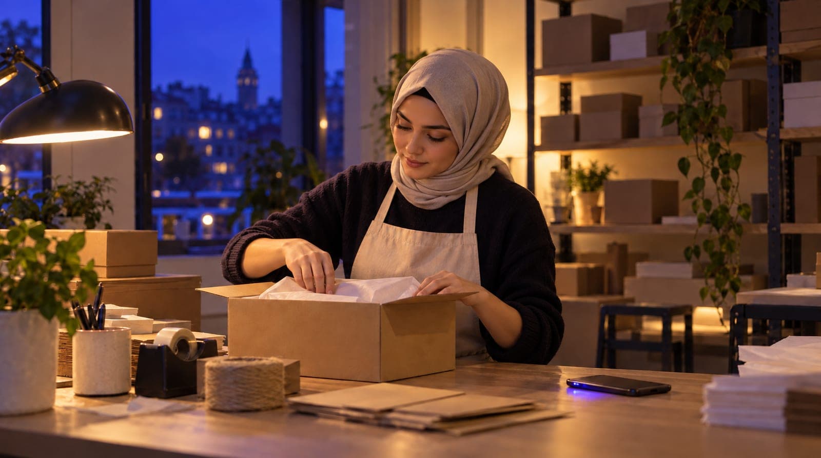 Kampanya akşamı genç kadın paketleme masasında siparişi kraft kutuya yerleştiriyor; masada ters duran telefondan indigo ışık sızıyor.