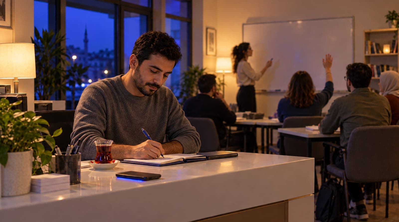 Akşam dil kursunda ders sürüyor; ön plandaki sekreter masasında ters duran telefondan indigo ışık sızıyor.