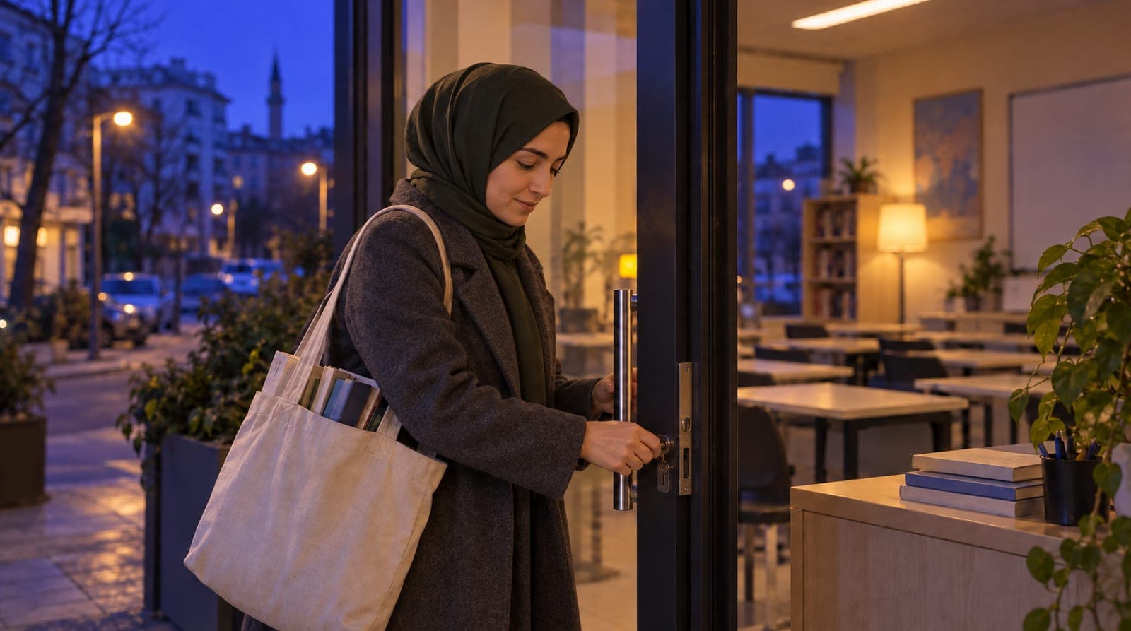 Kurs koordinatörü şafakta kitap çantasıyla eğitim merkezinin kapısını açıyor; içerideki ışıklar yeni yanıyor.