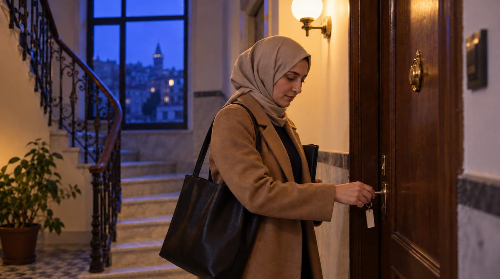 Emlak danışmanı sabah erkenden mermer merdivenli apartmanda günün ilk gösterimi için daire kapısını açıyor.