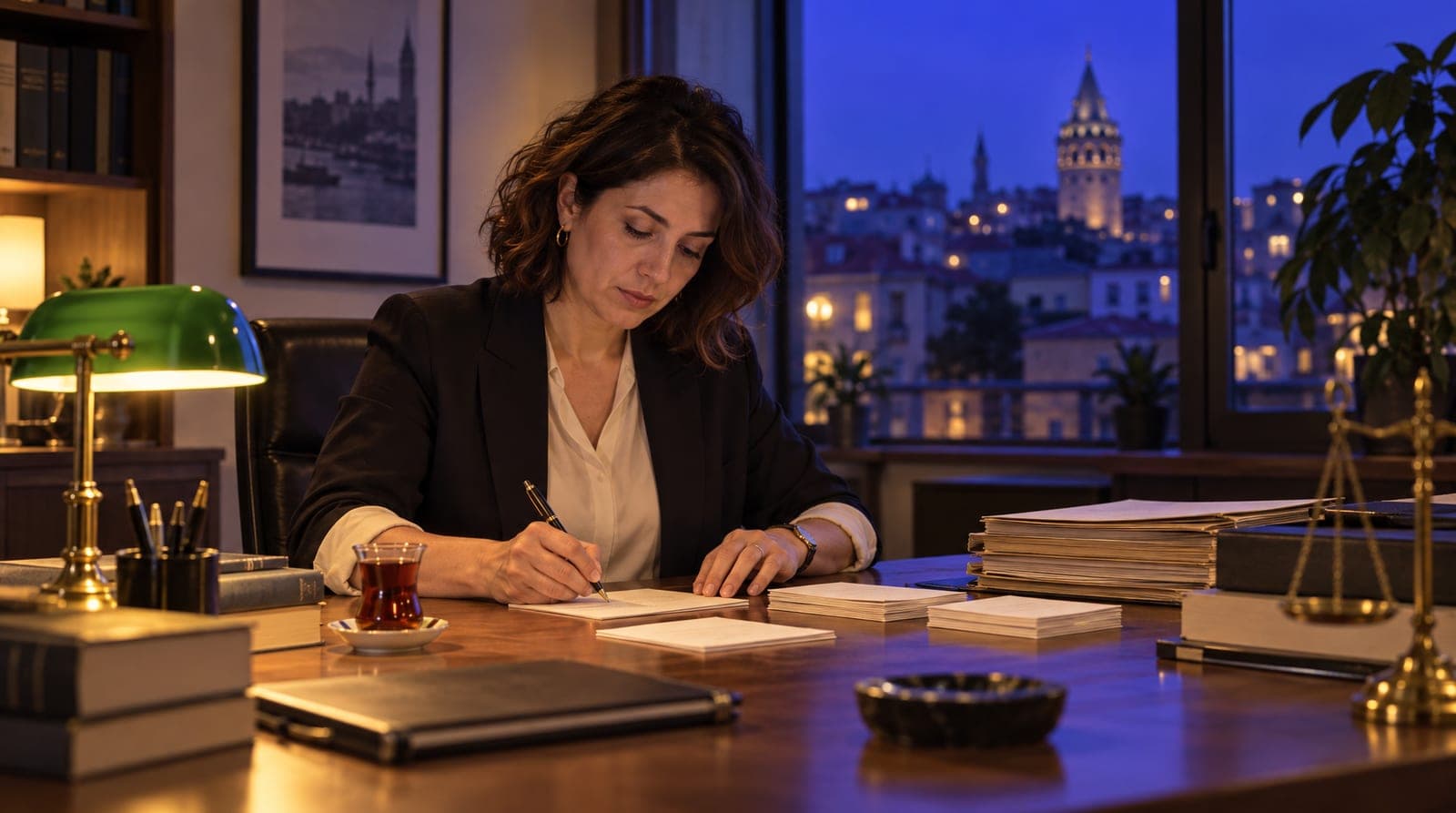 Avukat gece bürosunda kanun kitapları ve dosyalar arasında sık gelen soruların cevaplarını kartlara yazıyor.