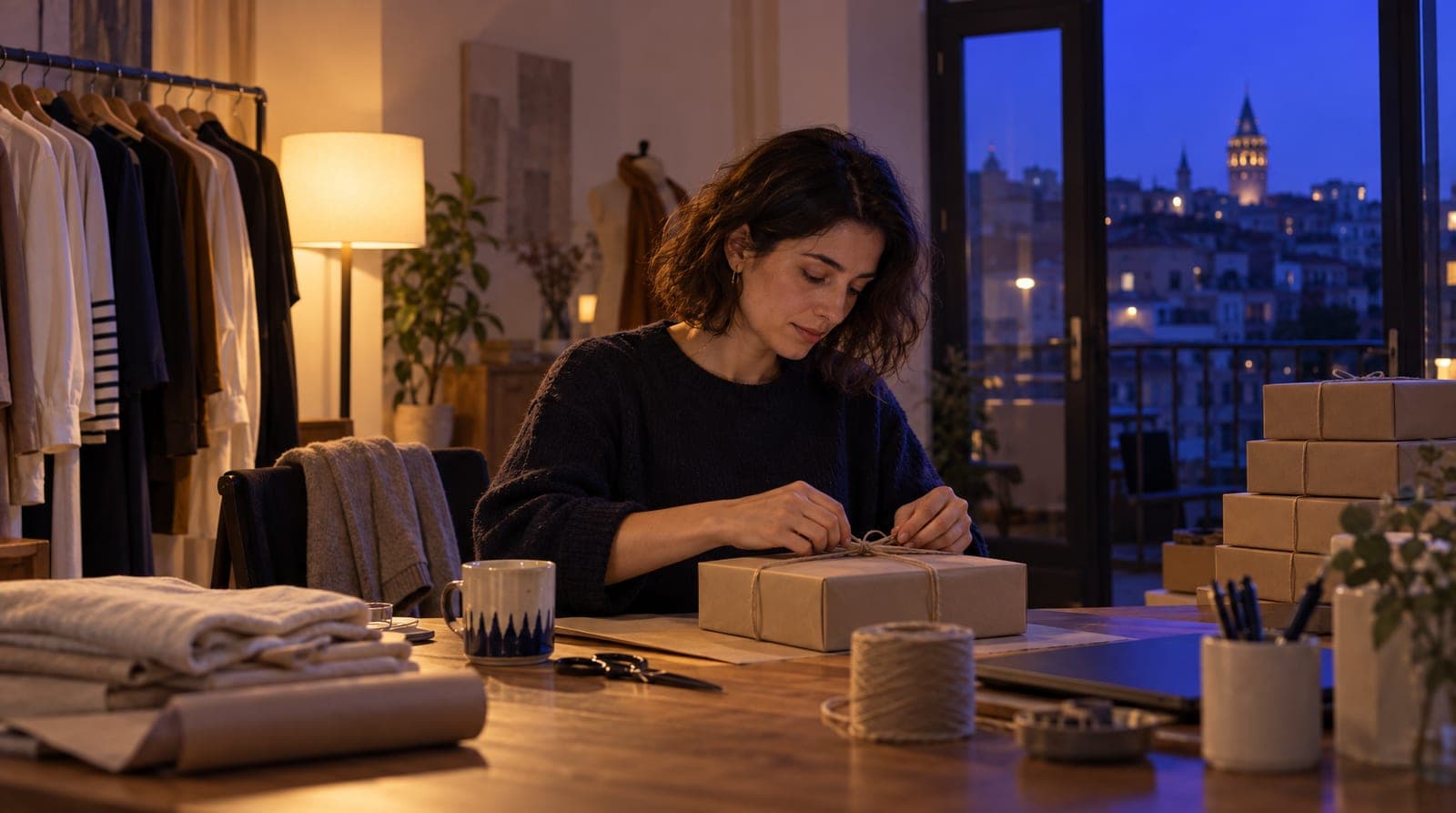 Butik sahibi gece atölyesinde siparişi kraft kutuya sarıp iple bağlıyor; yanında paketler birikmiş, pencerede Galata Kulesi.