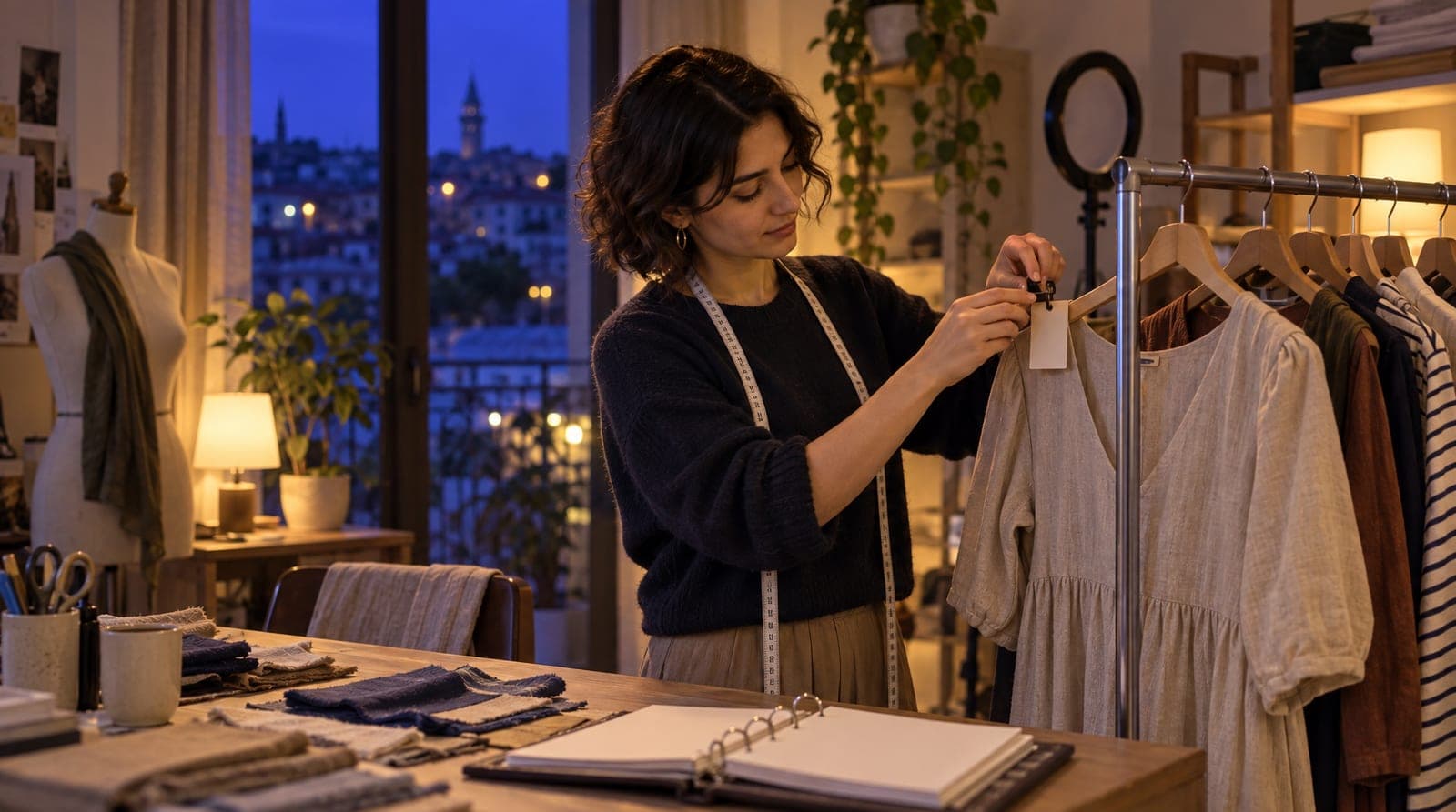 Butik sahibi atölyesinde askıdaki elbiseyi ölçüyor ve beden kartını askıya iliştiriyor.