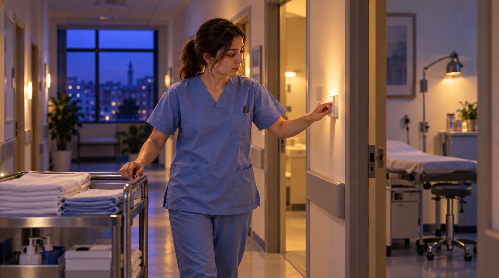 Hemşire açılıştan önce klinik koridorunun ışıklarını tek tek yakıyor; koridorun ucundaki pencerede şafak.
