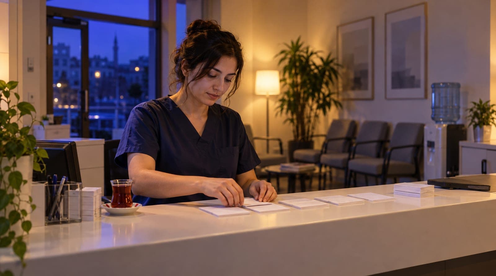 Klinik resepsiyonunda görevli akşam yarının randevu kartlarını tezgâha diziyor; yanında ince belli çay bardağı, pencerede minare.
