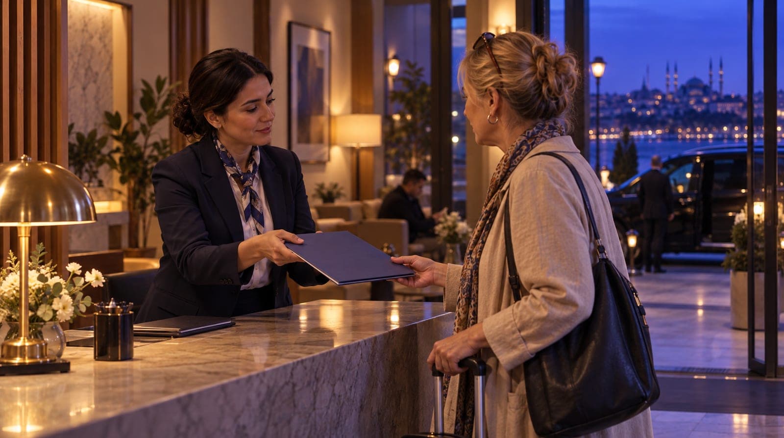 A patient coordinator welcomes an international patient arriving from the airport in the clinic lobby.