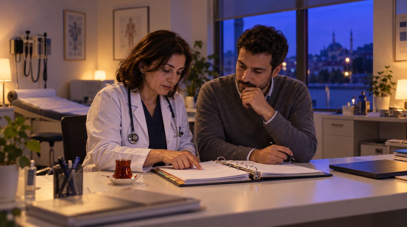 Hekim ve klinik müdürü mesai sonrası muayene odasında kliniğin bilgi dosyasını birlikte gözden geçiriyor.