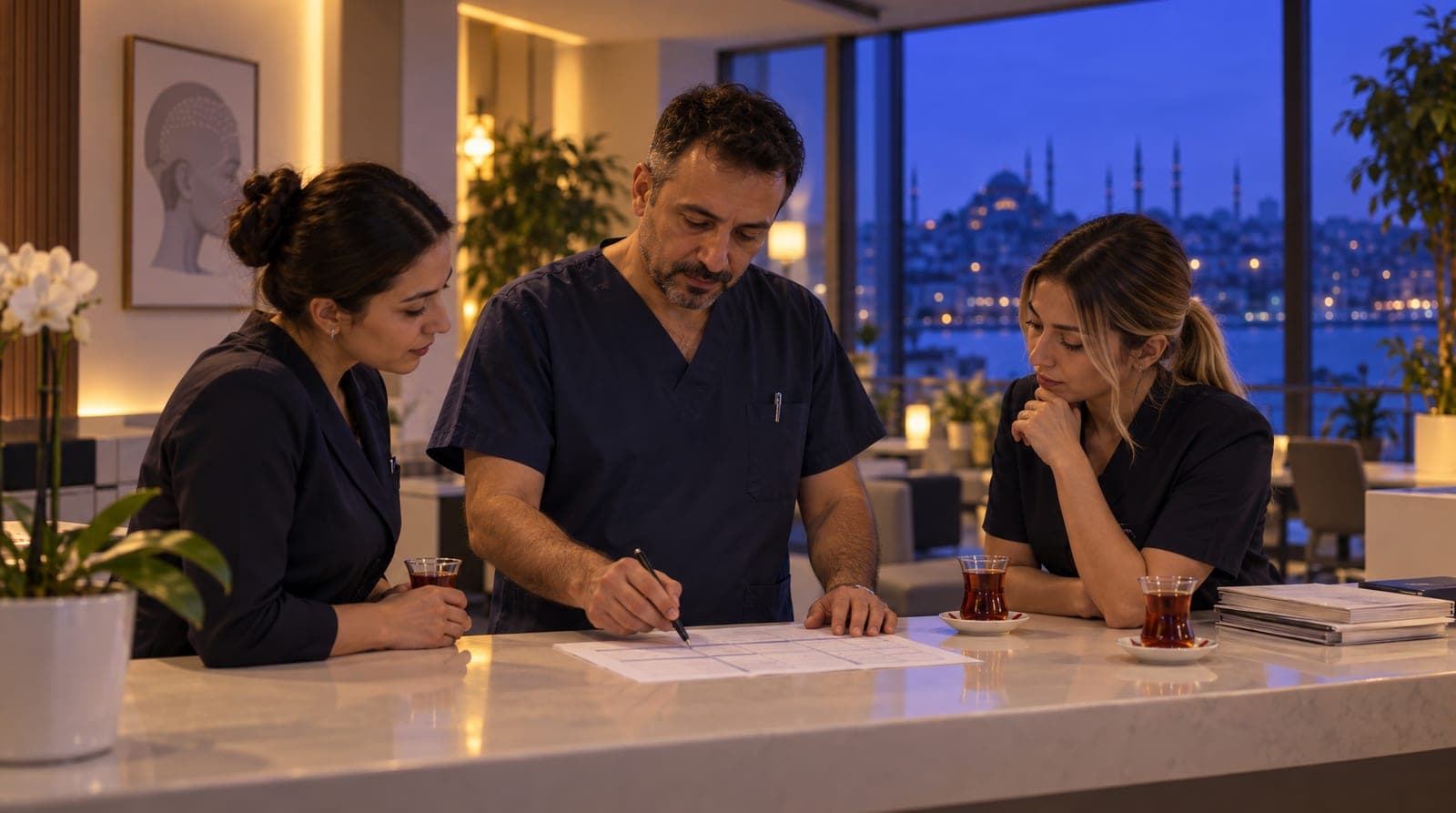 Saç ekim merkezinin ekibi şafakta resepsiyonda çay eşliğinde güne kısa bir toplantıyla başlıyor.