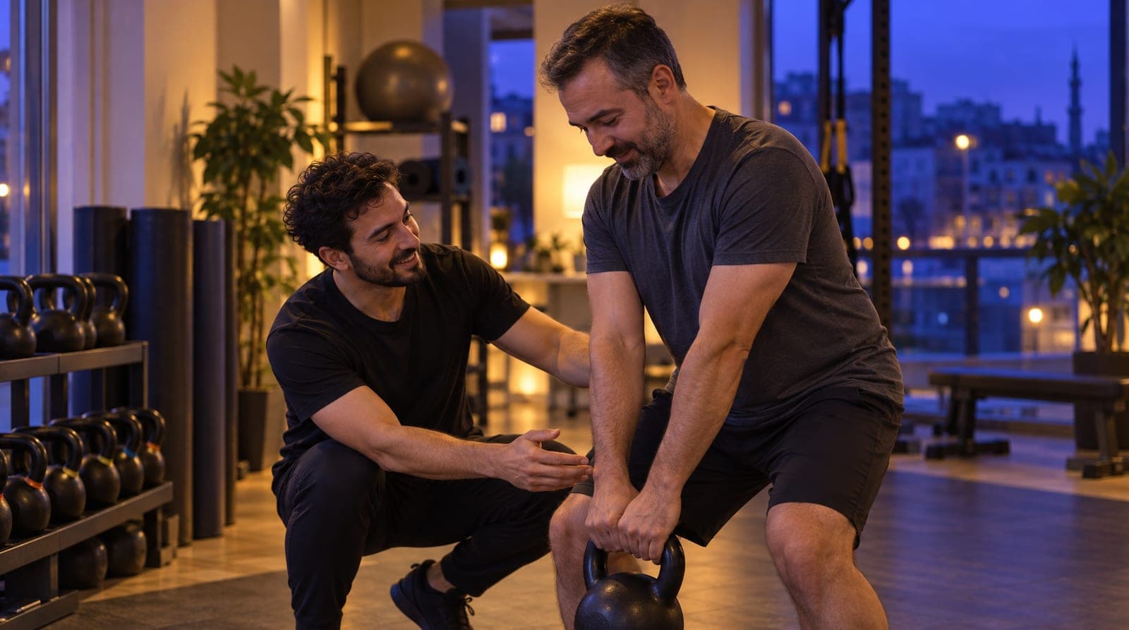 Antrenör deneme dersine gelen yeni üyeye kettlebell tutuşunu gösteriyor.