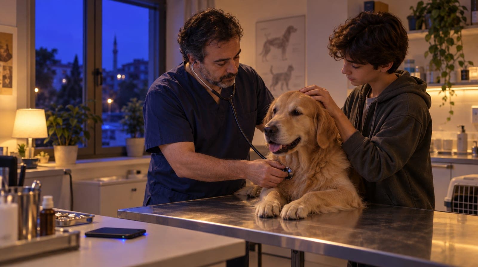 Veteriner hekim muayene masasındaki köpeği steteskopla dinliyor, sahibi başını okşuyor; tezgâhta ters duran telefondan indigo ışık sızıyor.