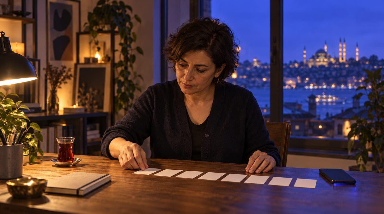 Late in the evening a boutique owner lines up eight small cards side by side on the desk, phone face down; an Istanbul skyline in the window.