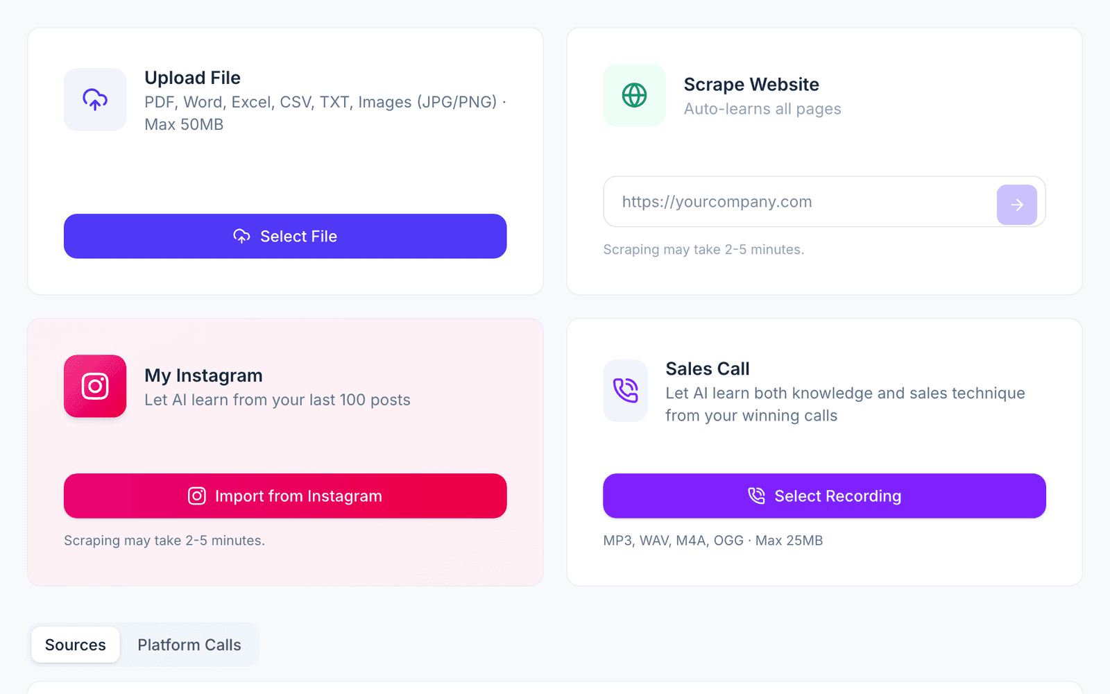 Knowledge source cards: file upload, website scan, Instagram profile, sales call