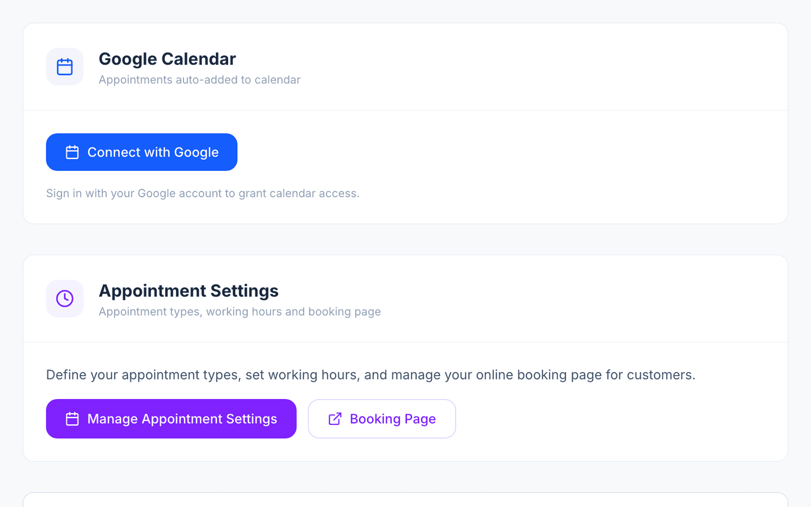 The Google connection on Calendar & Payment