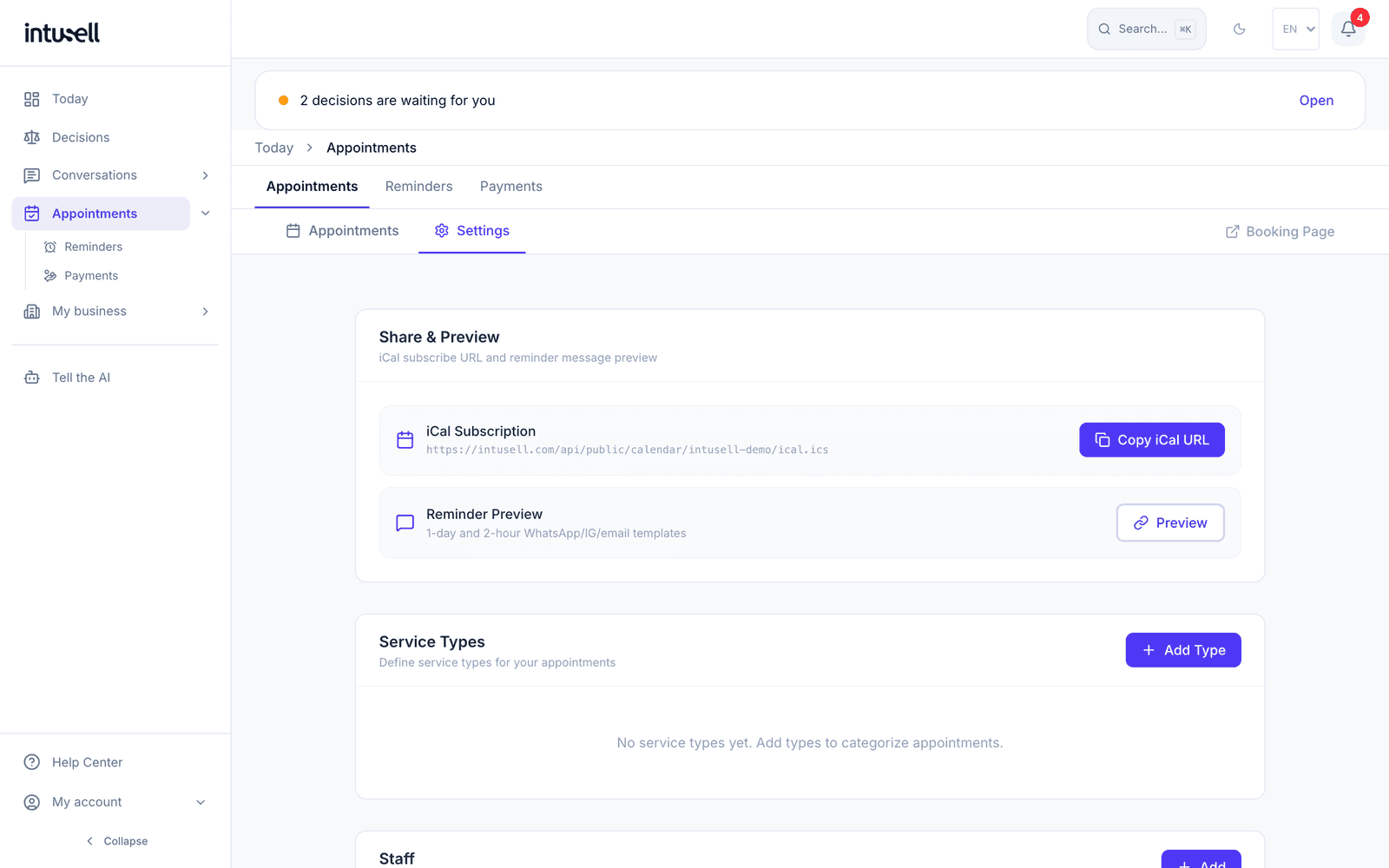 Service types in the appointment settings