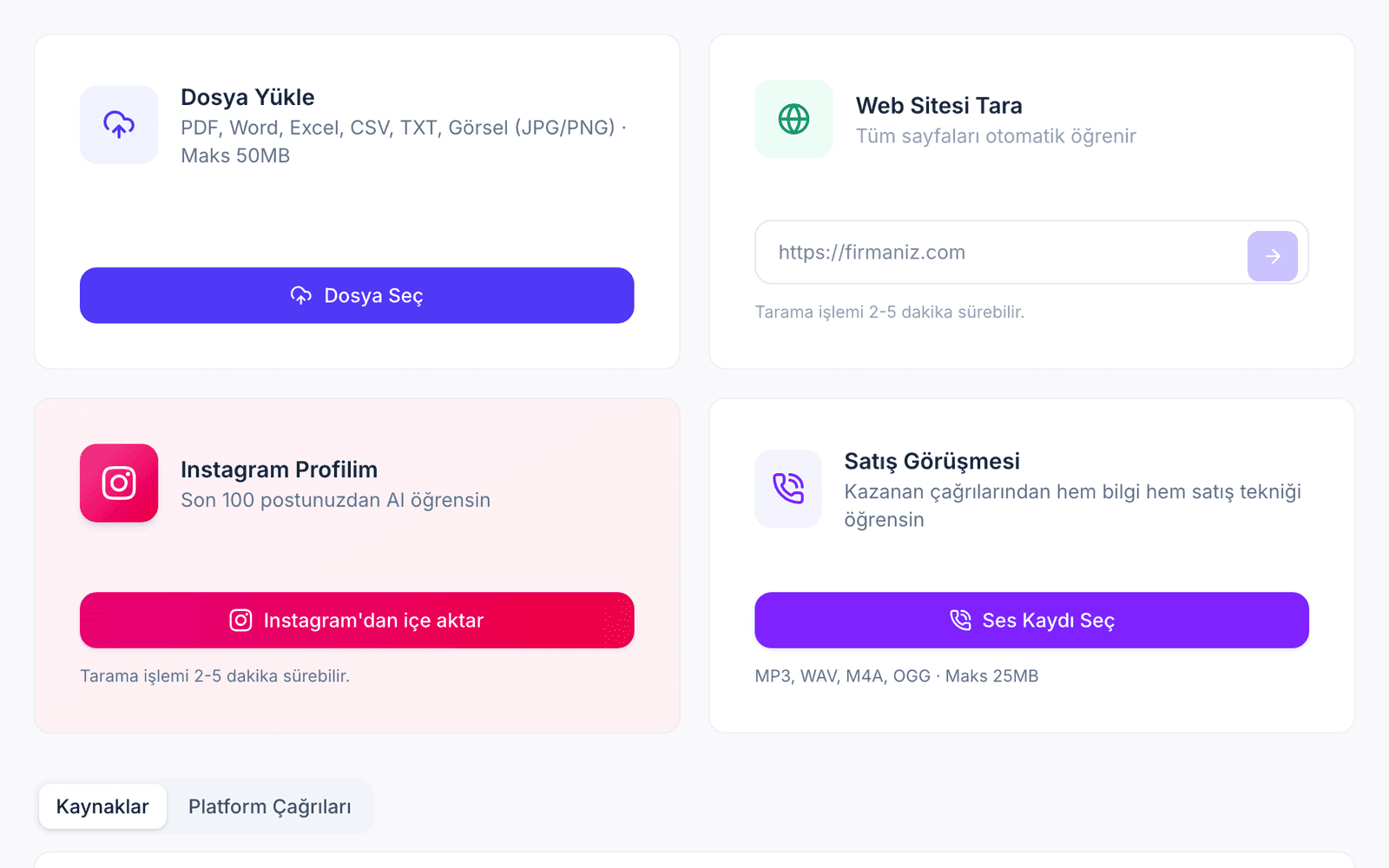 Bilgi kaynağı kartları: dosya, web sitesi, Instagram profili, satış görüşmesi