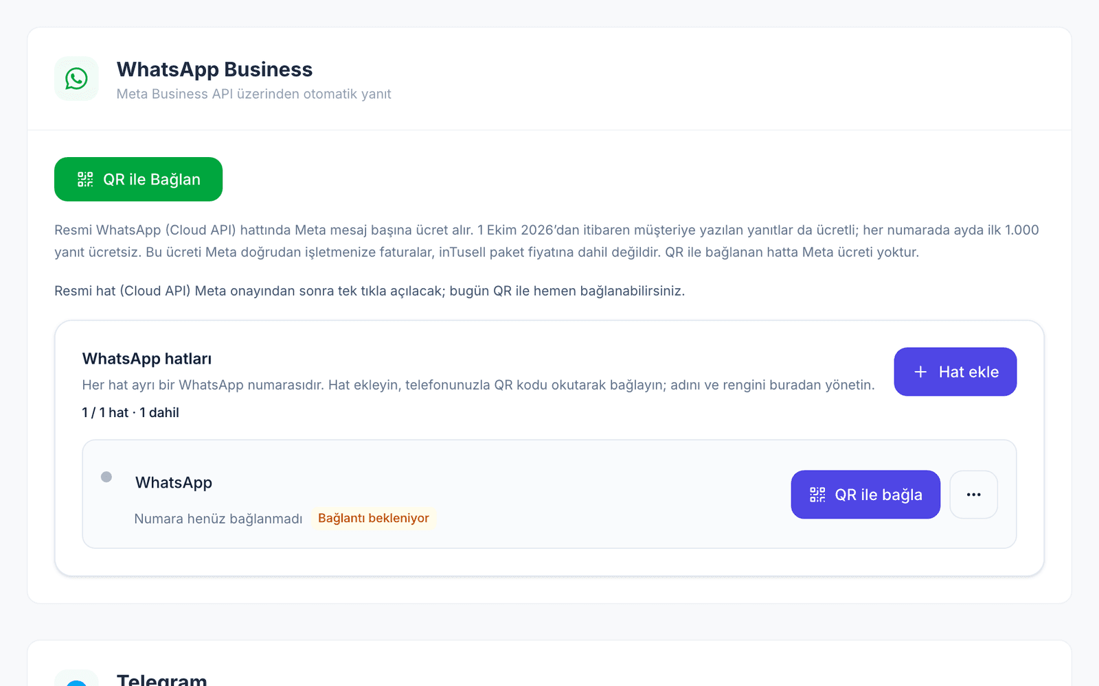 Mesajlaşma Kanalları sayfasındaki WhatsApp kartı