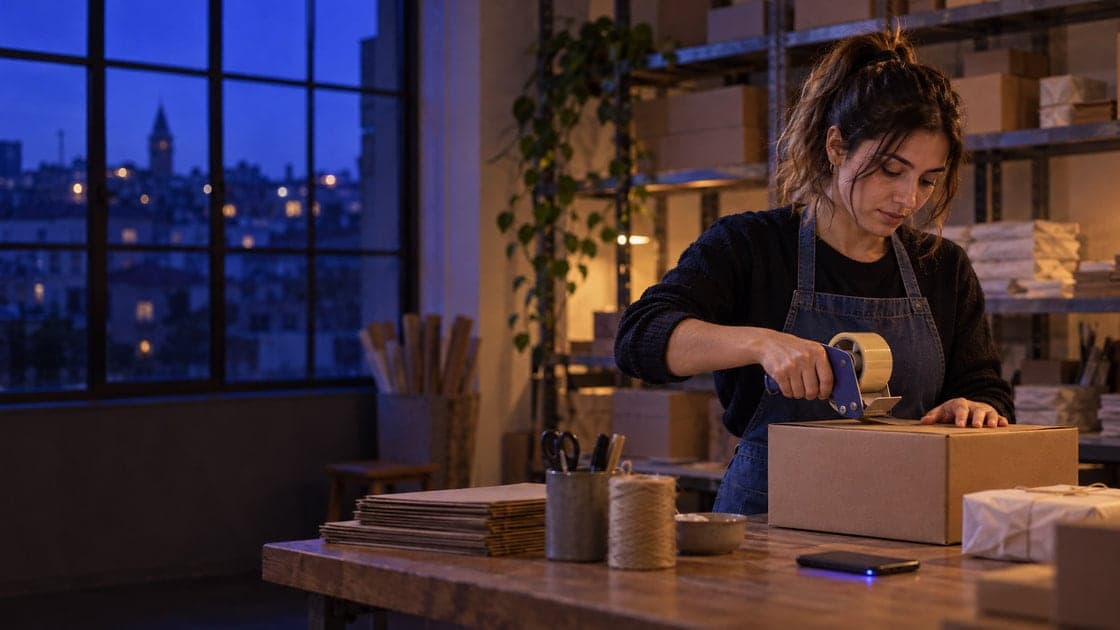 In a small online shop’s packing room, a young woman tapes a shipping box at dusk while a face-down phone glows indigo on the table.