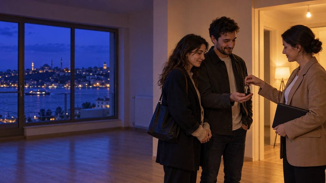 During a viewing, a real estate agent hands a key to a young couple in an empty apartment; the Bosphorus glows indigo through the bare windows.