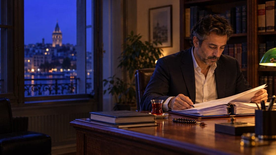 A lawyer reads a case file by a green desk lamp in his Karaköy office; Galata Tower stands against the indigo sky outside.