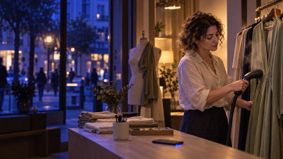 A boutique owner steams a dress on the rail at dusk; a face-down phone glows indigo on the table and the evening street fills the window.