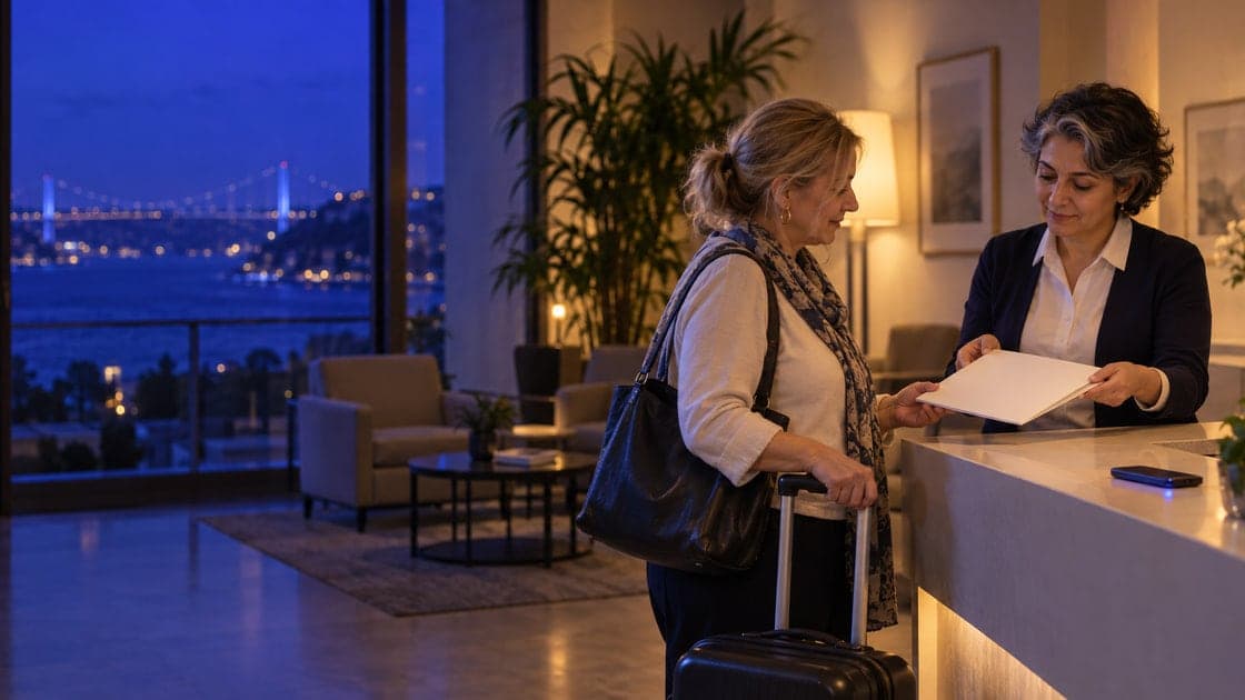 In a private clinic lounge, a patient coordinator welcomes an arriving patient with a suitcase; the Bosphorus bridge glows in the indigo dusk behind them.