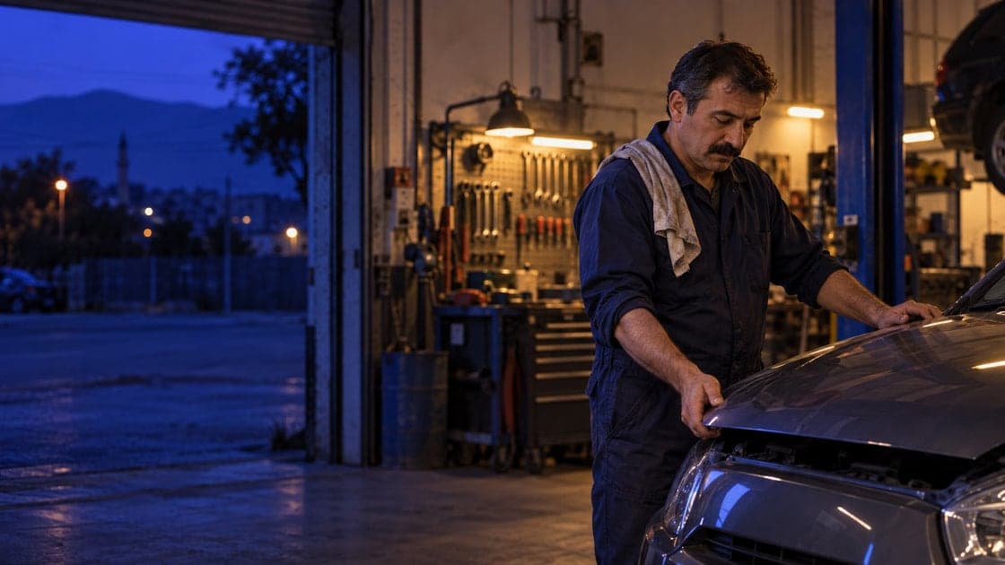 A mechanic closes the hood of a freshly serviced car at dusk; the quiet street glows indigo beyond the open roller door.