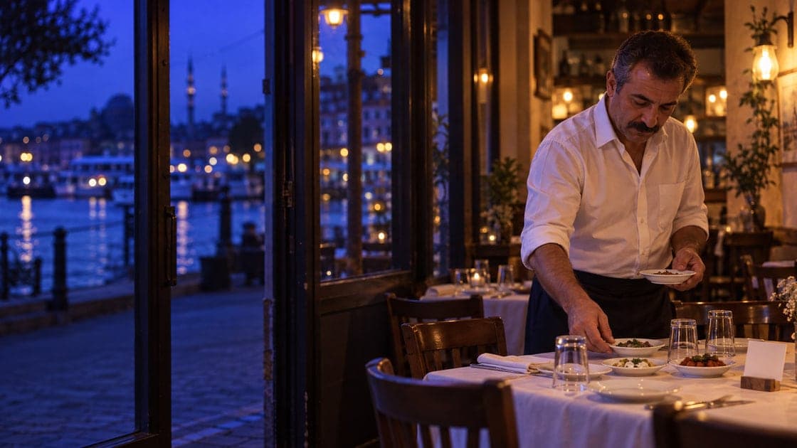Before the evening service, a restaurant owner sets a reserved table for four; the indigo street glows beyond the front window.