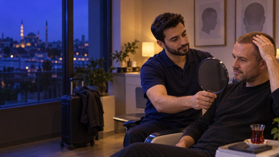A hair transplant consultant holds a mirror for an international patient; a small suitcase waits by the door and a minaret stands against the dusk.