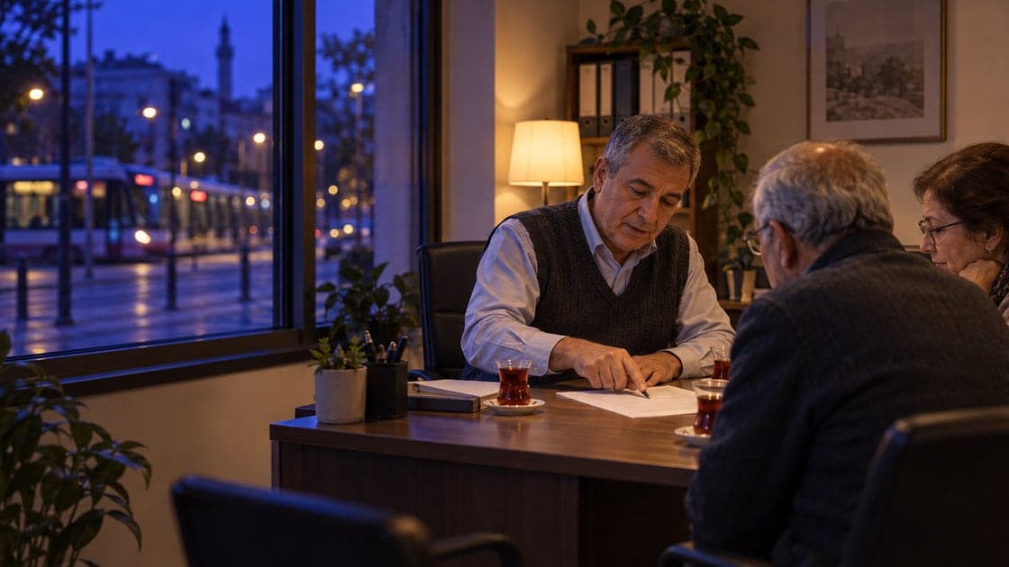 At dusk, an insurance agent walks a retired couple through a policy over tea; the indigo street shows through the window.