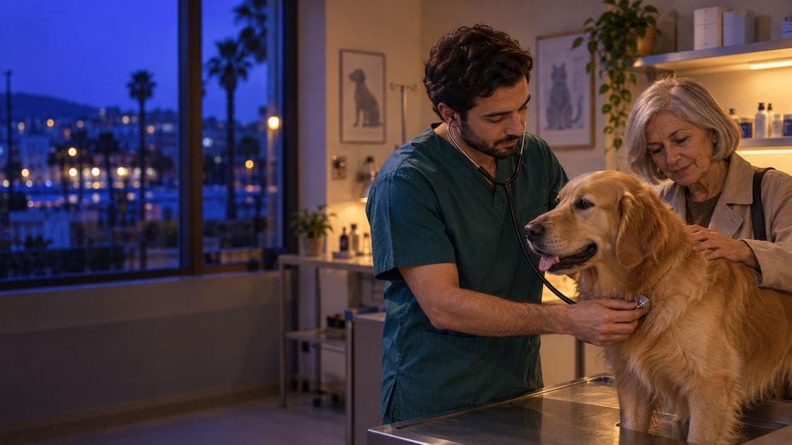 At dusk, a veterinarian checks a calm golden retriever on the exam table while its owner rests a hand on the dog’s back.