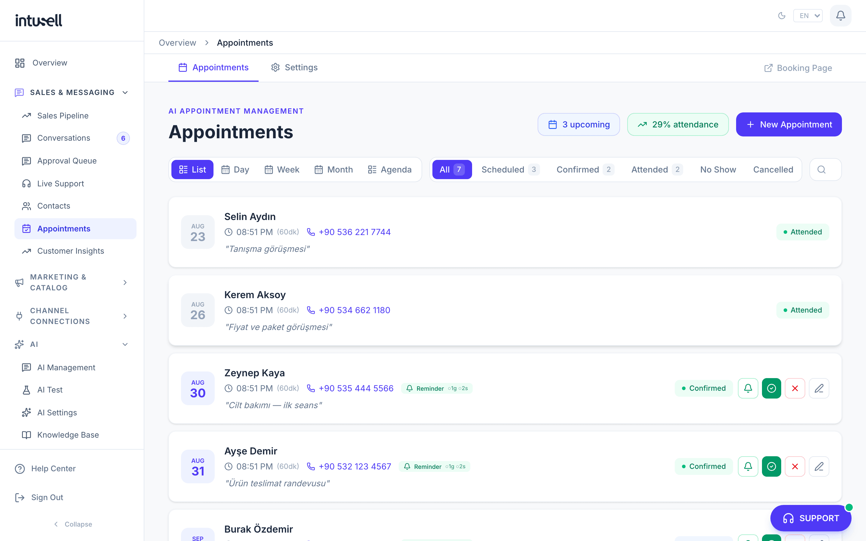 Klinik randevu takvimi — inTusell dashboard