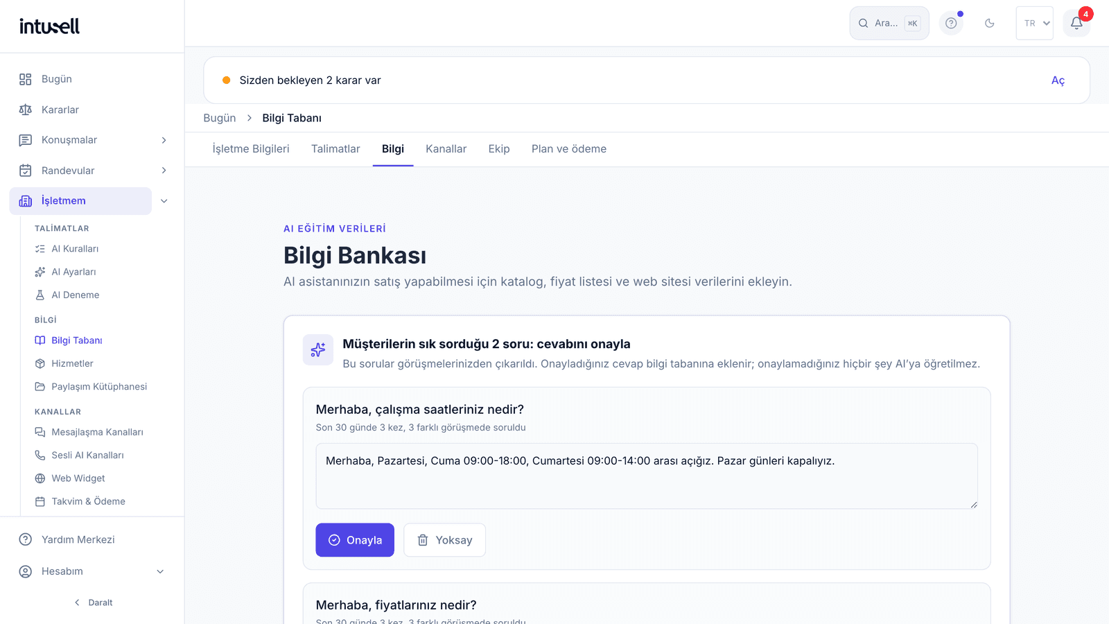 Otel AI konsiyerj asistanı paneli